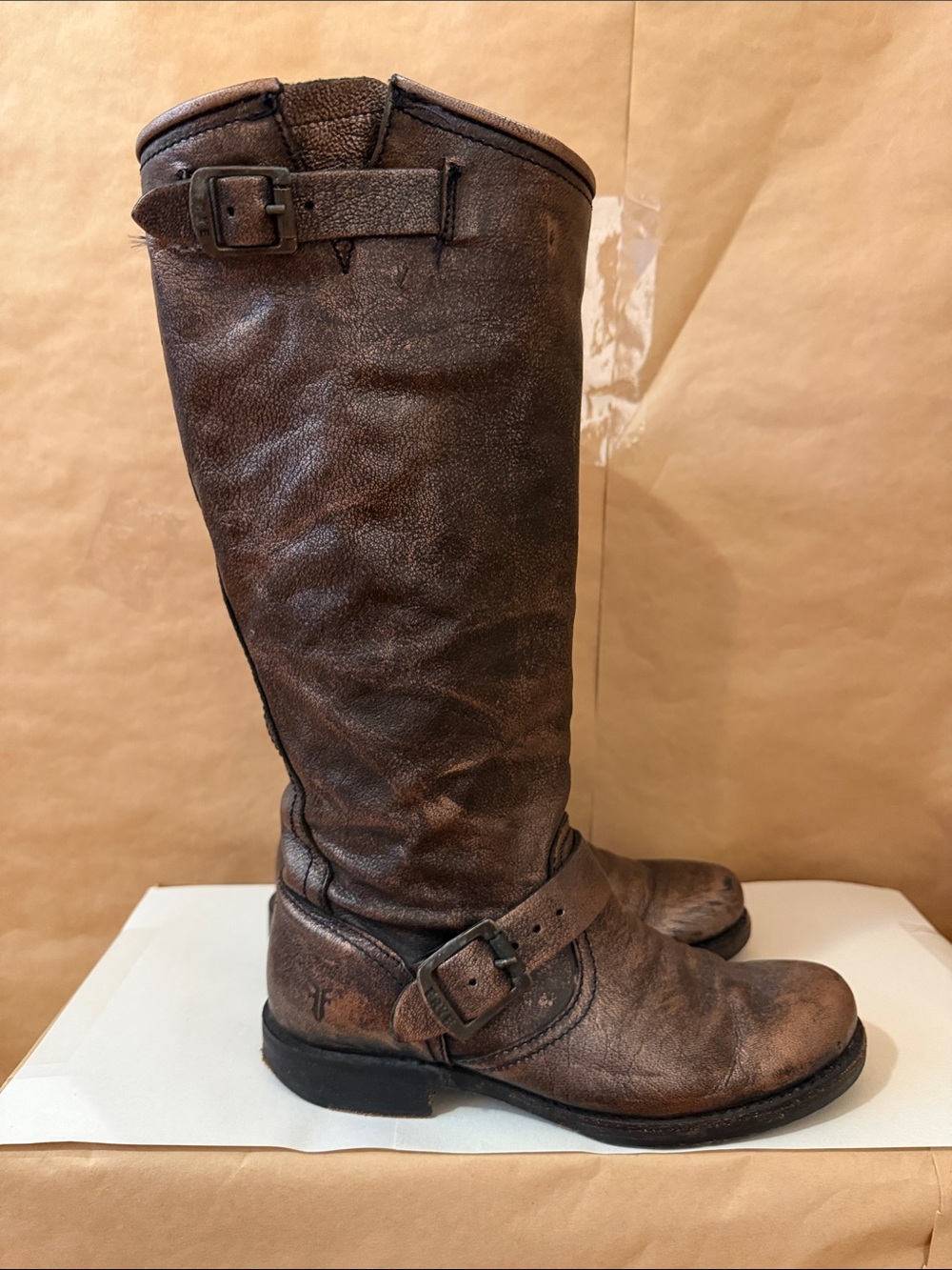 Frye Brown/Bronze Leather Knee-High Buckle Boots